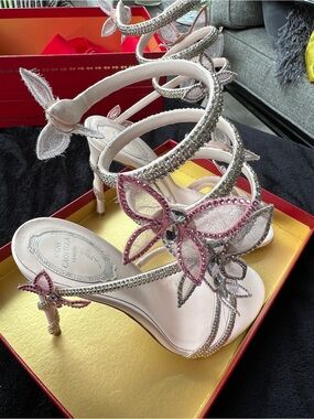 Rene Caovilla Pink and Silver Crystal Butterfly Heels